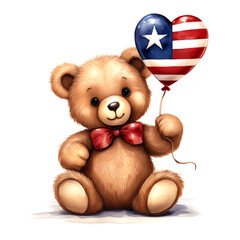 リベリアの国旗のハート型風船を持ったかわいいクマのぬいぐるみ。白背景。(Cute teddy bear holding a heart-shaped balloon with the Liberia flag on white background.)

