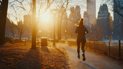Woman's Morning Run: Sunrise Jog in City Park for Fitness and Well-being