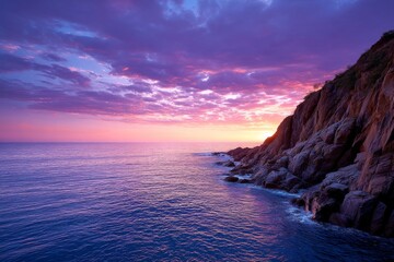Obraz premium Coastal Cliff Sunset Dance - Serene coastal cliff at twilight, symbolizing peace, tranquility, the power of nature, the beauty of sunset, and the mystery of the ocean