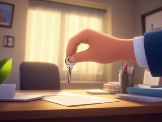 Hand holds metallic key over desk indoors apartment office