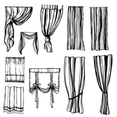Hand-drawn curtains for windows on white background. Vector sketch illustration.