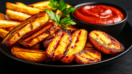 Fried plantains served with ketchup and mustard on dark background, showcasing delicious and vibrant dish. golden brown plantains are perfectly grilled, adding smoky flavor
