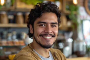 Fototapeta premium Portrait of a smiling young hispanic man in a coffee shop