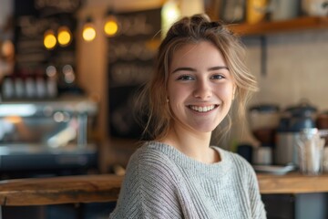 Portrait of a smiling young Caucasian woman in a coffee shop