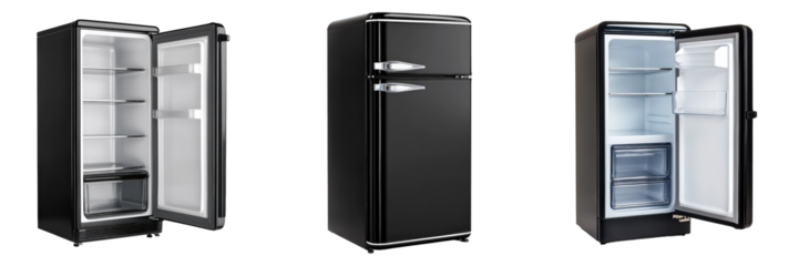 Sleek retro refrigerator closed, open empty, and open with door bins.