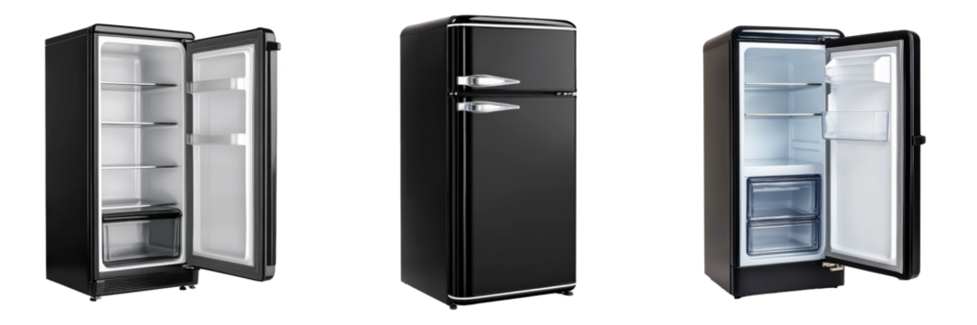 Sleek retro refrigerator closed, open empty, and open with door bins.