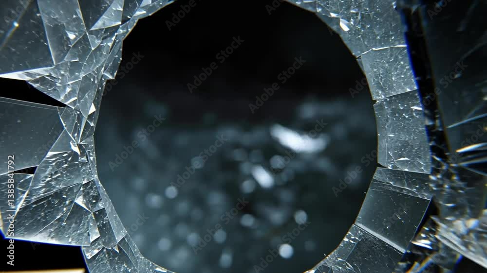 Poster a close-up view of a shattered glass window with sharp edges and fragmented pieces, capturing the te