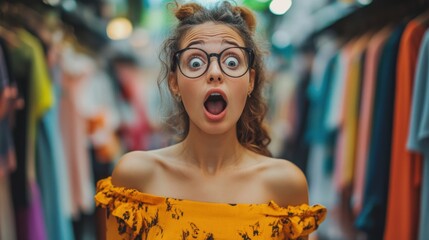 Obraz premium Astonished Young Woman in Orange Top at Clothing Store