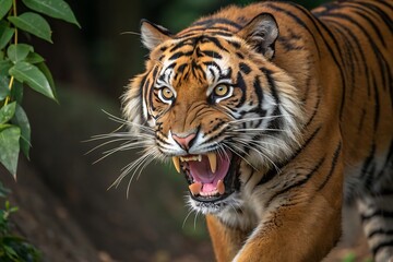 Fototapeta premium Majestic Sumatran Tiger Showing its Powerful Teeth and Striking Gaze in a Lush Green Setting