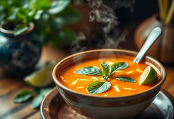 A steaming hot Tom Yum Soup in a Thai ceramic bowl