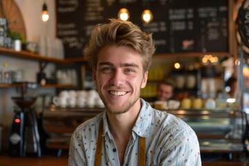 Obraz premium Portrait of a smiling young Caucasian man in a coffee shop