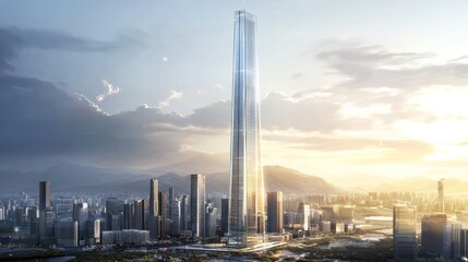 Obraz premium Sunrise Over the City Skyline Featuring a Majestic Skyscraper