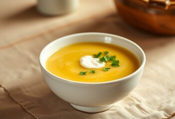 Elegant bowl of Avgolemono Soup with parsley and crÃ¨me fraÃ®che