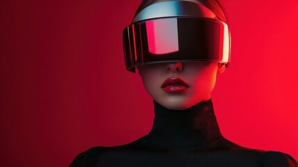 Futuristic Woman in Red Light with Reflective Headset
