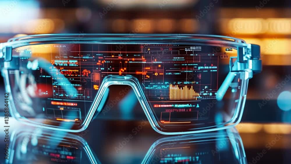 Poster high-tech augmented reality glasses displaying digital interface with charts, data, and graphs in a 