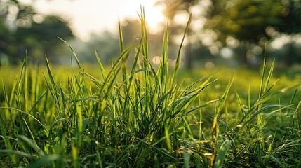 Green grass field with sunlight and trees in the background, peaceful natural scene during golden hour