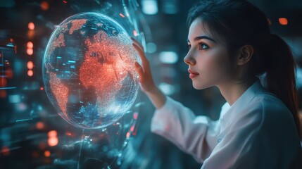 Woman interacts with a futuristic digital globe exploring global data