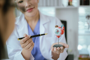 Surgeon with human eye model and explains modern clinical treatment