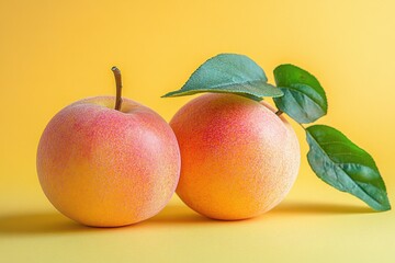 Two Fresh Pluots with Green Leaves on a Yellow Background in a Studio Shot with Soft Lighting and Close Up View for Stock Photography
