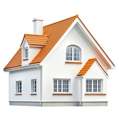 Charming house with a sloped roof surrounded by lush greenery and a bright blue sky in the background isolated on transparent background..