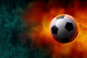 Fototapeta premium Fiery Soccer Ball Wallpaper - A dynamic symbolizing passion, competition, energy, victory, and speed in the world of soccer. The fiery background adds intensity