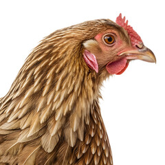 Close-up of a chicken isolated on white background showing its feathers, beak, and eye