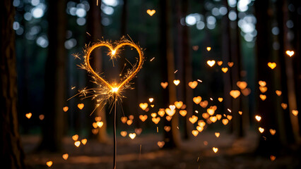 A fiery heart sparkler glows in a dark enchanted forest, casting a magical spell of love amidst a flurry of golden heart-shaped lights.