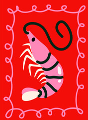Pink shrimp graphic with black accents, stylized in a flat cartoon style, placed on a bright red background with a pink curly border. Vector illustration