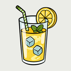 Cocktail with lemon, mint and ice cubes. Glass of summer lemonade with straw