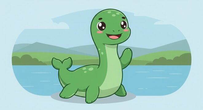 Adorable cartoon Nessie waves hello from the loch.