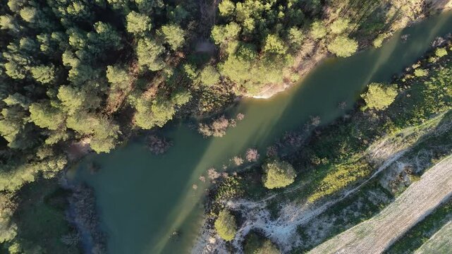 Aerial drone view of Lake Manzano between Bullas and Mula, Murcia Region, Spain, in early morning light.