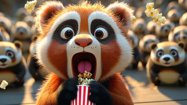 Cartoon red panda eating popcorn, surrounded by pandas.  Possible use Children's book cover, animated movie poster