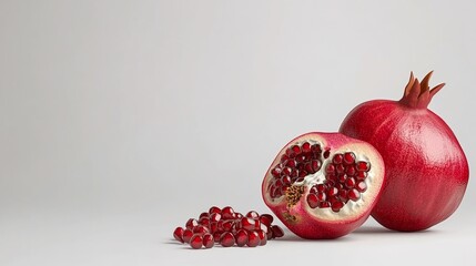 Fresh pomegranate ripe seeds juicy whole half cut white background food advertising mockup template isolated element fruit tropical studio photo shoot 3d