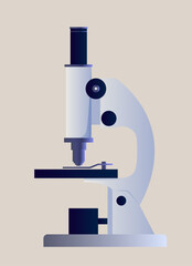 Side view of a modern microscope in blue tones with gradient shading, placed on a plain beige background. Concept of scientific research and laboratory equipment. Vector illustration