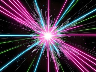 Naklejka premium Neon Light Streaks Radiating from Central Explosion on Black Background
