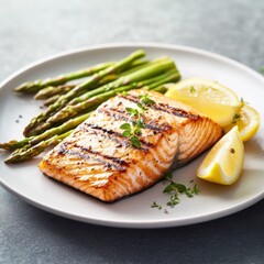 A plate of grilled salmon with lemon wedges and asparagus. Featuring a healthy protein-packed meal
