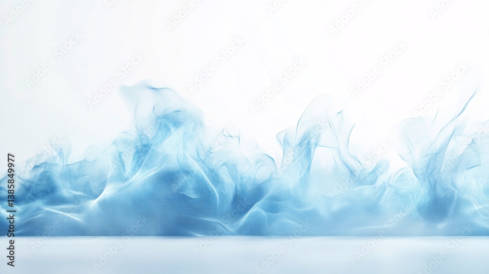 Poster abstract blue particles flowing forming a wavy shape on a white background
