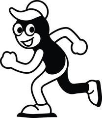Outlined Cartoon Character Running and Smiling on Transparent Background