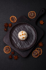 Easter sweet cake covered with icing with fruit and candied fruits