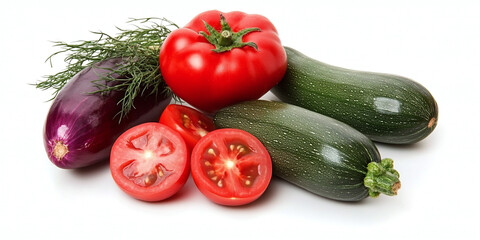 Red green bell pepper tomatoes spices herbs salad zucchini eggplant aubergine cabbage health garlic cucumber vegetables fruits eco organic white background isolated studio mockup set fresh elements