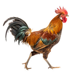 Beautiful colorful rooster standing alone on a white background