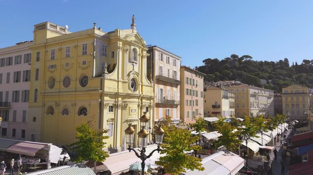 Cours saleya market and chapelle de la misericorde in nice, France. Action
