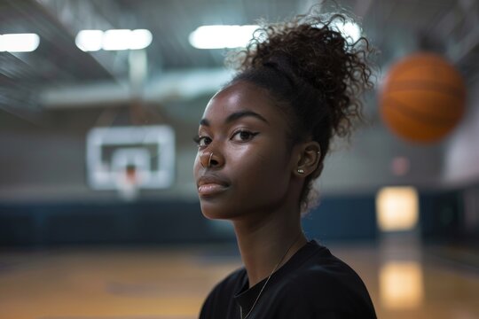 Portrait of a young African American woman in indoor basketball gym - Powered by Adobe