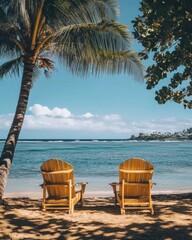 Serene beach scene with two wooden chairs under palm tree offering tranquil ocean view and clear blue sky for relaxation