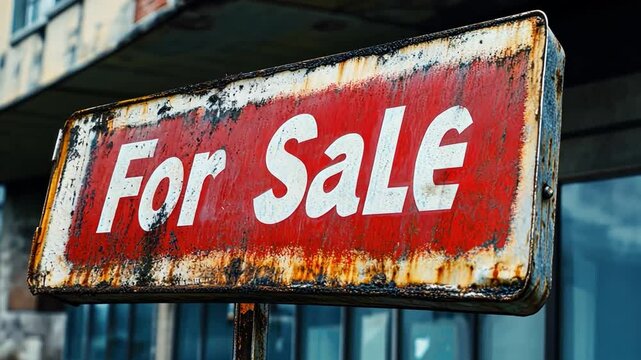 Rusty For Sale Sign Displaying Wear and Tear in Urban Setting with Industrial Background and Weathered Texture Highlighting Abandoned Property