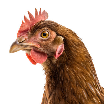 Isolated closeup of a white farm chicken head with red comb and brown feathers