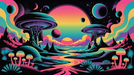 Obraz premium Surreal landscape with giant rainbow mushrooms, vibrant sunset, and celestial bodies.