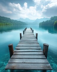 Fototapeta premium Serene lake scenery with wooden pier extending into tranquil water surrounded by lush green hills under a cloudy sky