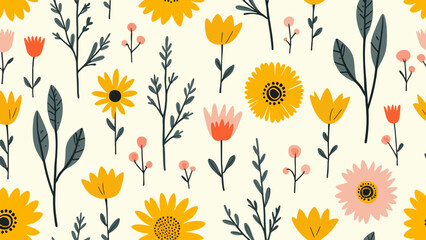 A color floral pattern with a variety of abstract leaves and flowers on a white background, perfect for spring and summer designs.