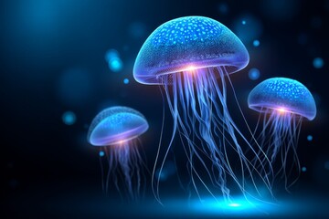 Luminous Jellyfish Trio - Three bioluminescent jellyfish gracefully drift in a deep blue ocean. Their ethereal glow illuminates the dark water